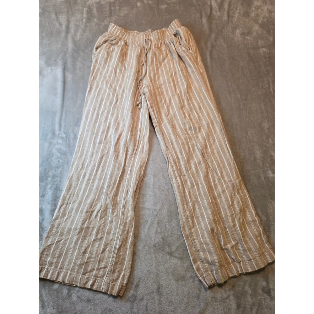 Briggs Wide Leg Pants Women 8 Beige White Striped Boho Linen Blend Wide Leg